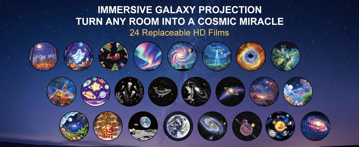 A display of various colorful galaxy projection discs and films for an immersive galaxy projection system.
