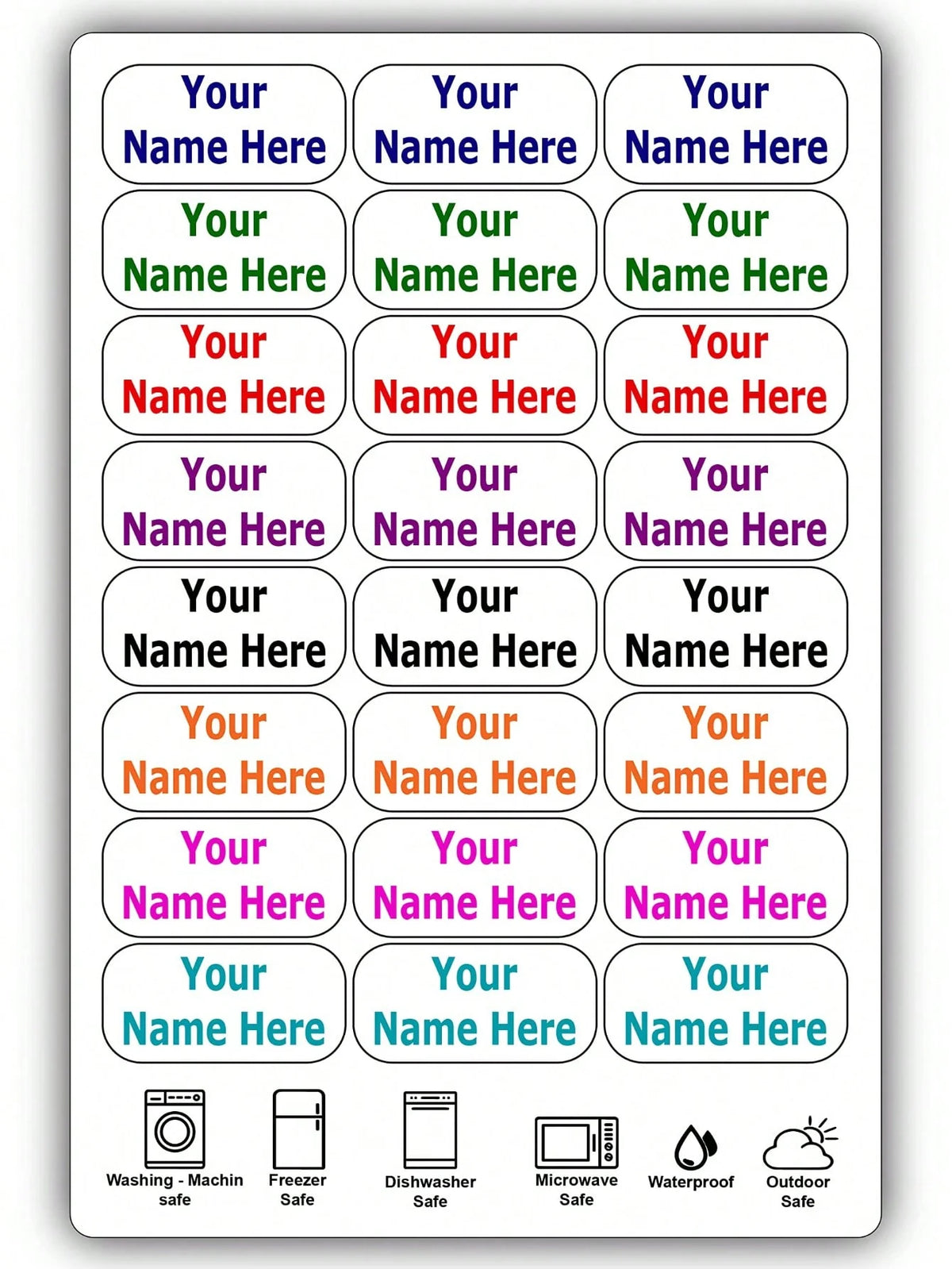 A pack of waterproof customizable name tags and various household items like a washing machine and freezer.