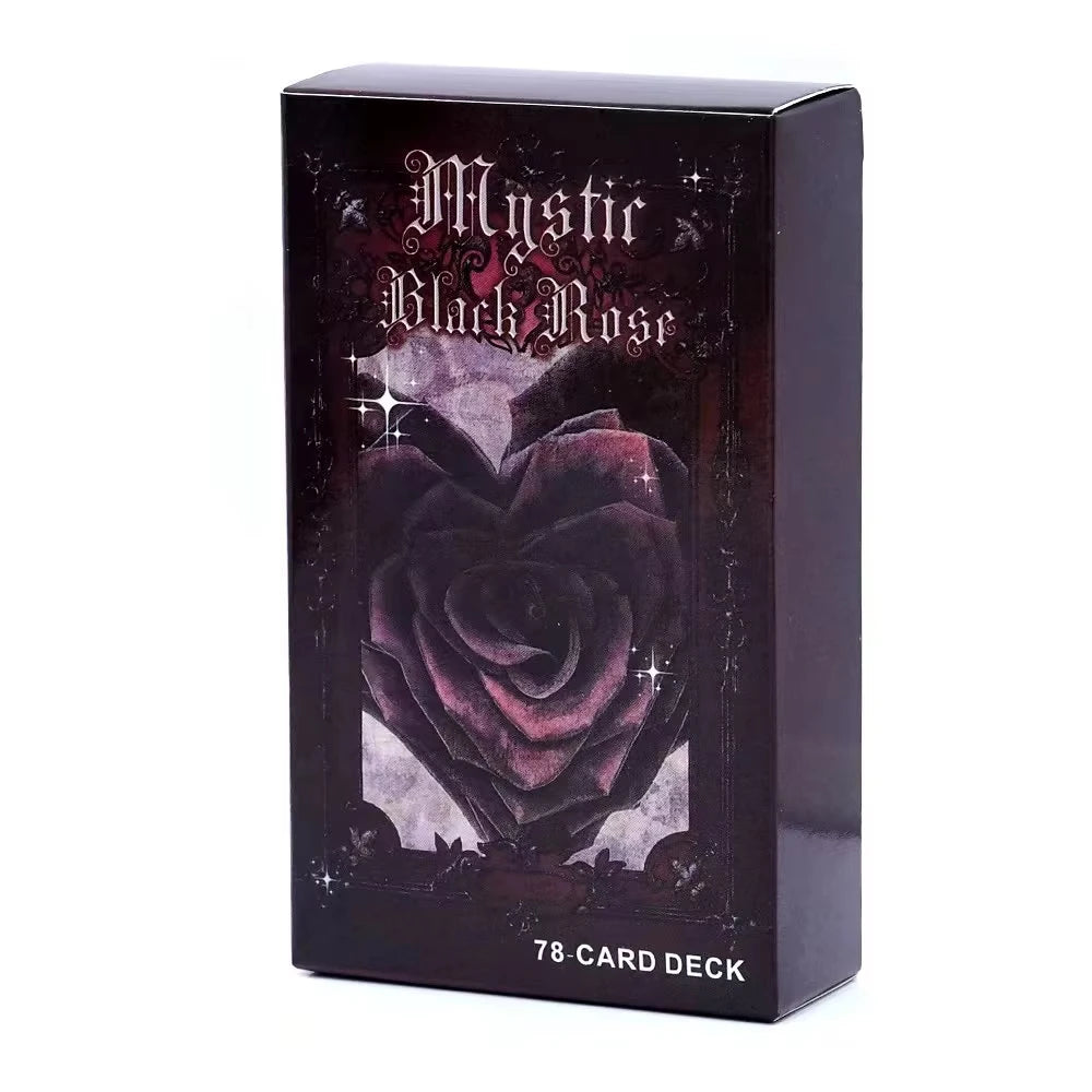 A black box containing a Mystic Black Rose tarot deck with a dark rose design and text.