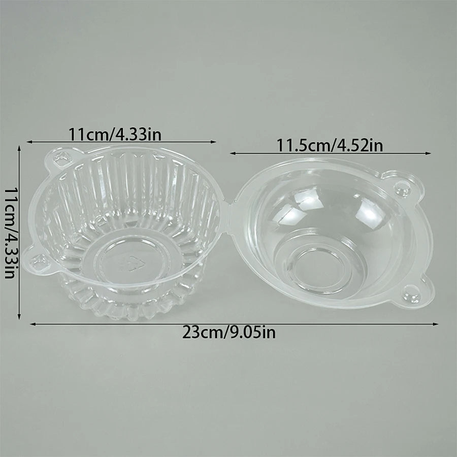 Clear plastic cupcake boxes with individual cups and a larger serving dish.