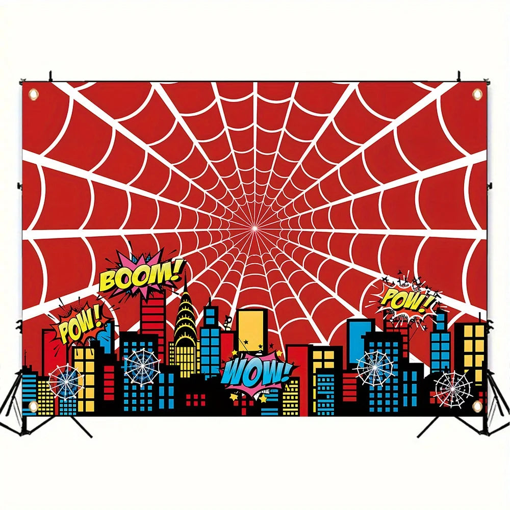A red and white spiderweb design featuring a city skyline silhouette with various exclamation words.