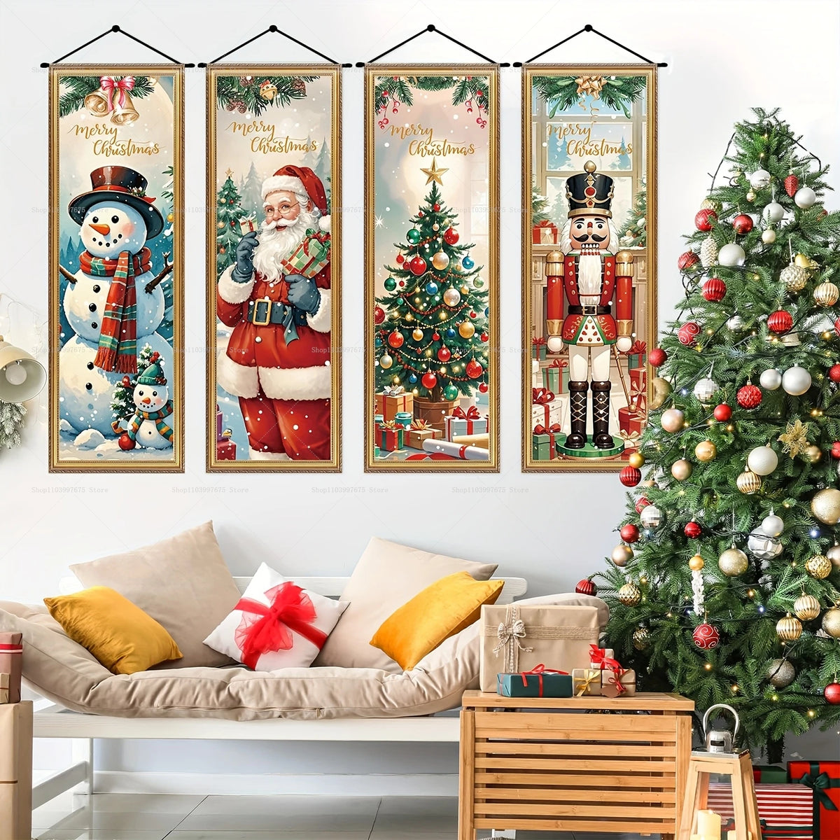 Vintage Christmas porch hanging banners featuring Santa, snowman, and reindeer designs.