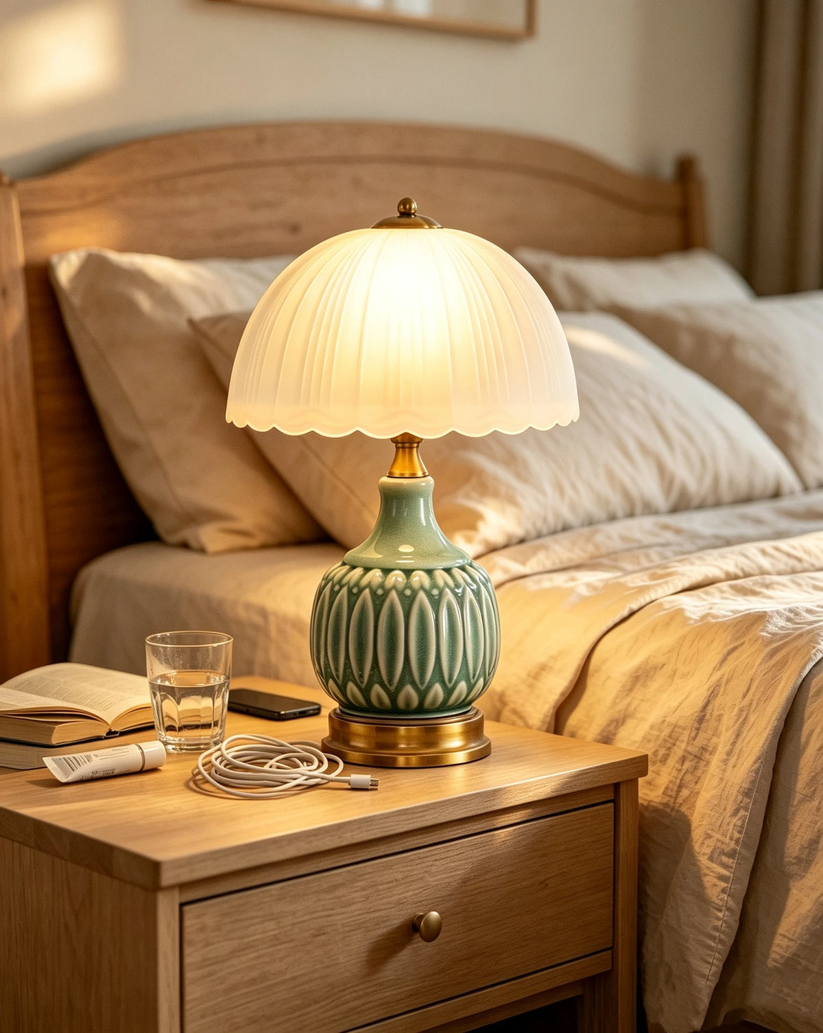 A ceramic table lamp with a pale green crackle glaze sits on a wooden nightstand next to a bed.