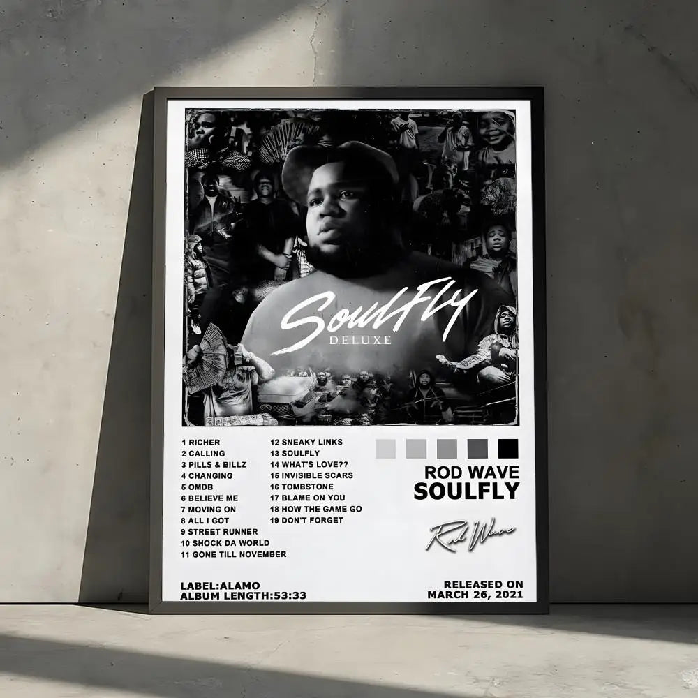 Album poster for Rod Wave's Soulfly Deluxe featuring a dark portrait and text on a black background