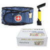 A blue inflatable spinal air traction belt and a yellow handle are shown next to its packaging box.