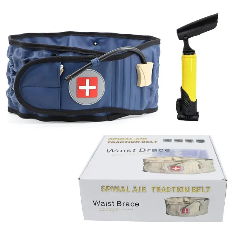 A blue inflatable spinal air traction belt and a yellow handle are shown next to its packaging box.