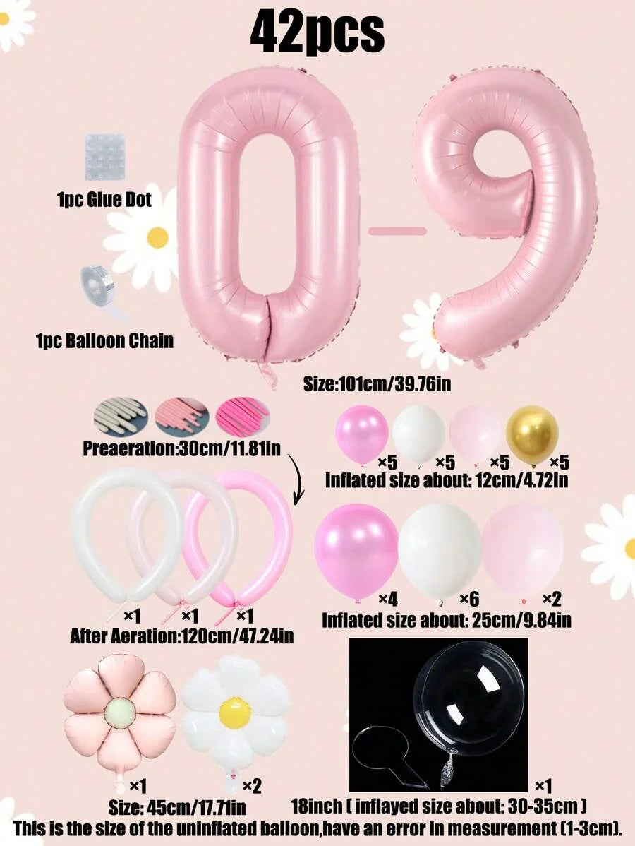 A set of 42 pink balloons shaped like the numbers 0 through 9, including a glue dot and balloon chain.