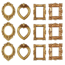 A set of vintage baroque resin picture frames in gold finish, featuring various ornate shapes and styles.