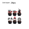 A set of 24 cake toppers featuring racing cars and fire effects for a birthday party decoration.