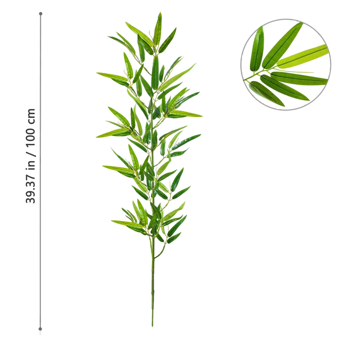 A vertical branch of artificial bamboo with green leaves shown next to a magnified view of the leaves.