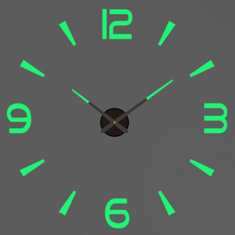 A gray clock face with bright green hour markers and a black center, showing the time is approximately 12:00.