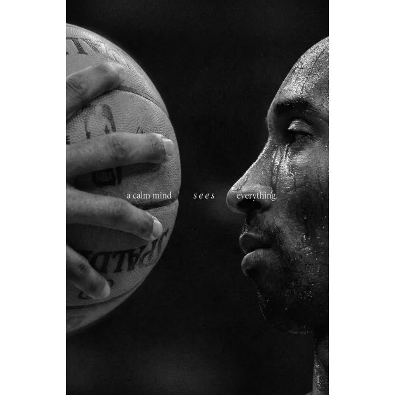 Black and white close-up photo of a person's face looking toward a basketball, with text overlay 'a calm mind sees everything