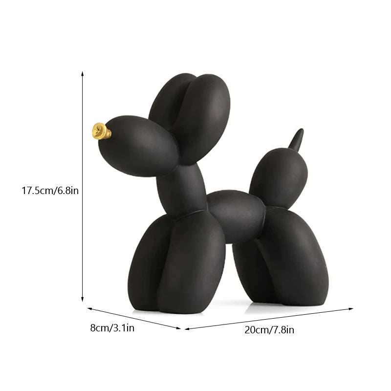 A black resin sculpture of a dog shaped like a balloon, displayed against a white background.