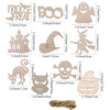 A collection of wooden Halloween ornaments including a trick or treat, boo, ghost, witch, pumpkin, and owl.