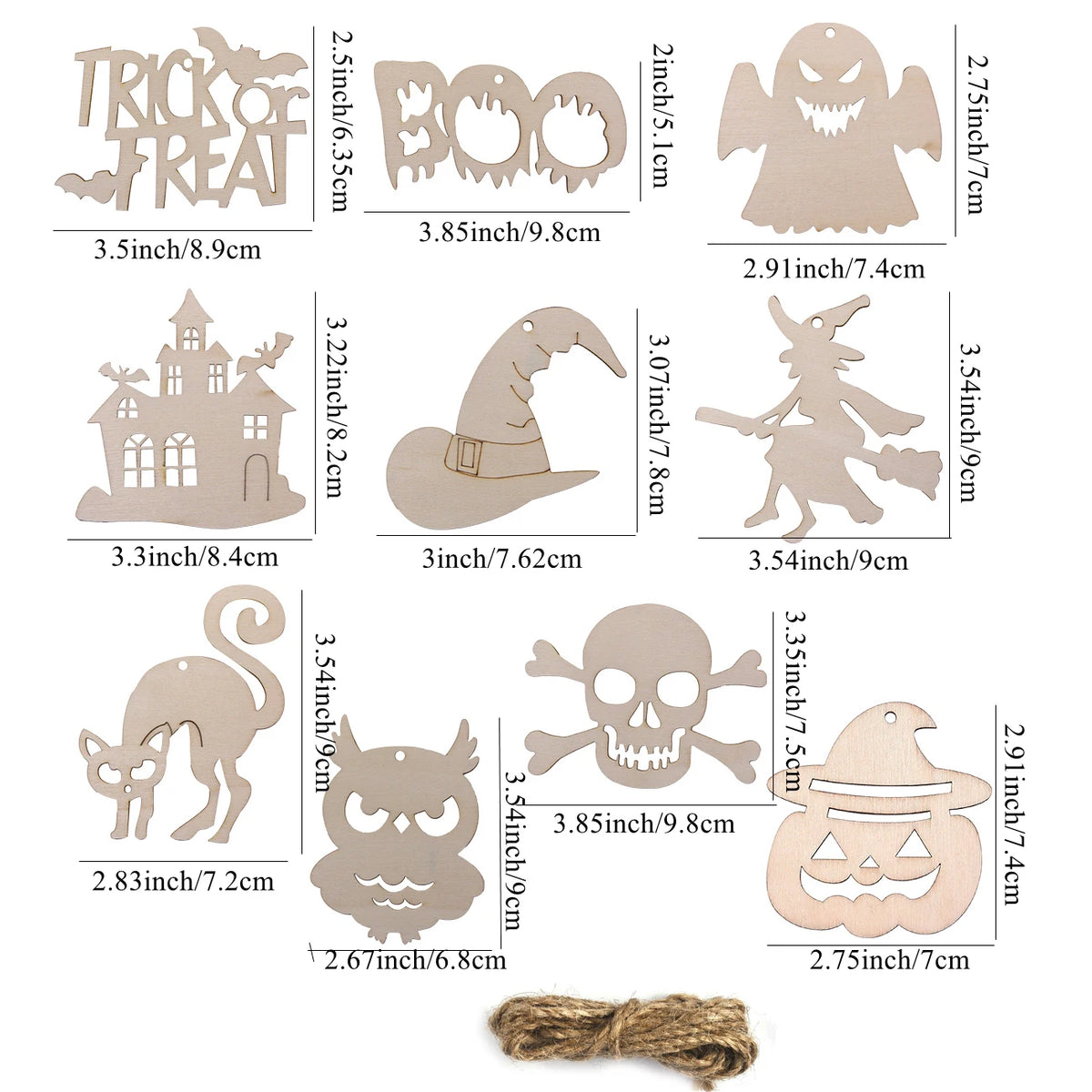 A collection of wooden Halloween ornaments including a trick or treat, boo, ghost, witch, pumpkin, and owl.