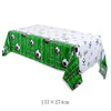 A rectangular cake cover in green and white soccer theme with a decorative border.