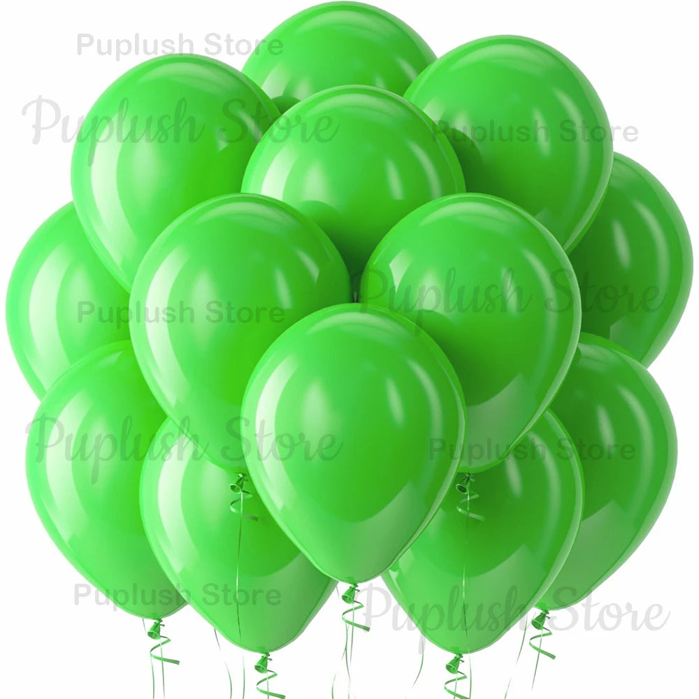 A cluster of bright lime green latex balloons floating against a white background.