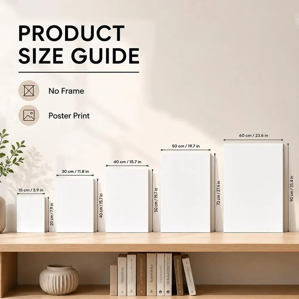 A product size guide showing various sizes of an anime bleach poster prints displayed on a wooden shelf.