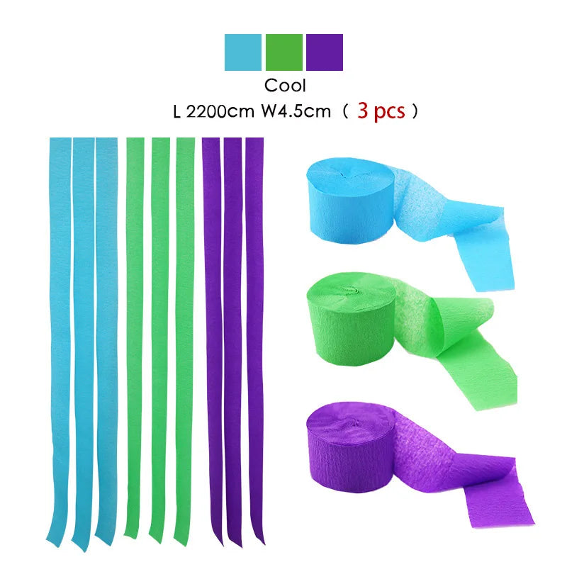 Set of three purple, green, and blue crepe paper streamers for decoration