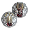 A commemorative coin featuring Saint Michael the Archangel with wings and a sword surrounded by ornate design.