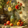 A still life painting featuring a glass vase of wildflowers and several pieces of fruit on a wooden table.