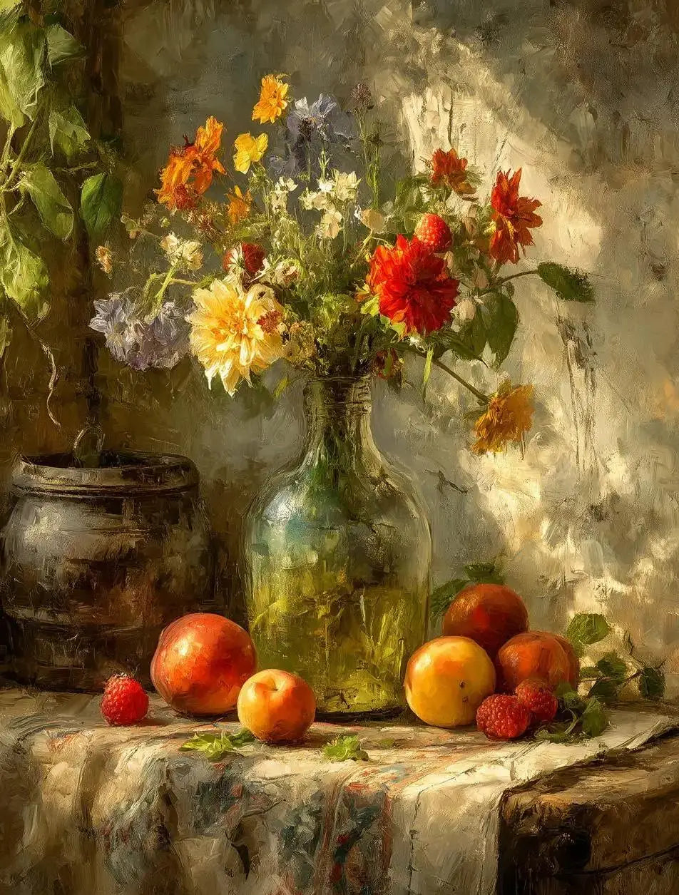 A still life painting featuring a glass vase of wildflowers and several pieces of fruit on a wooden table.
