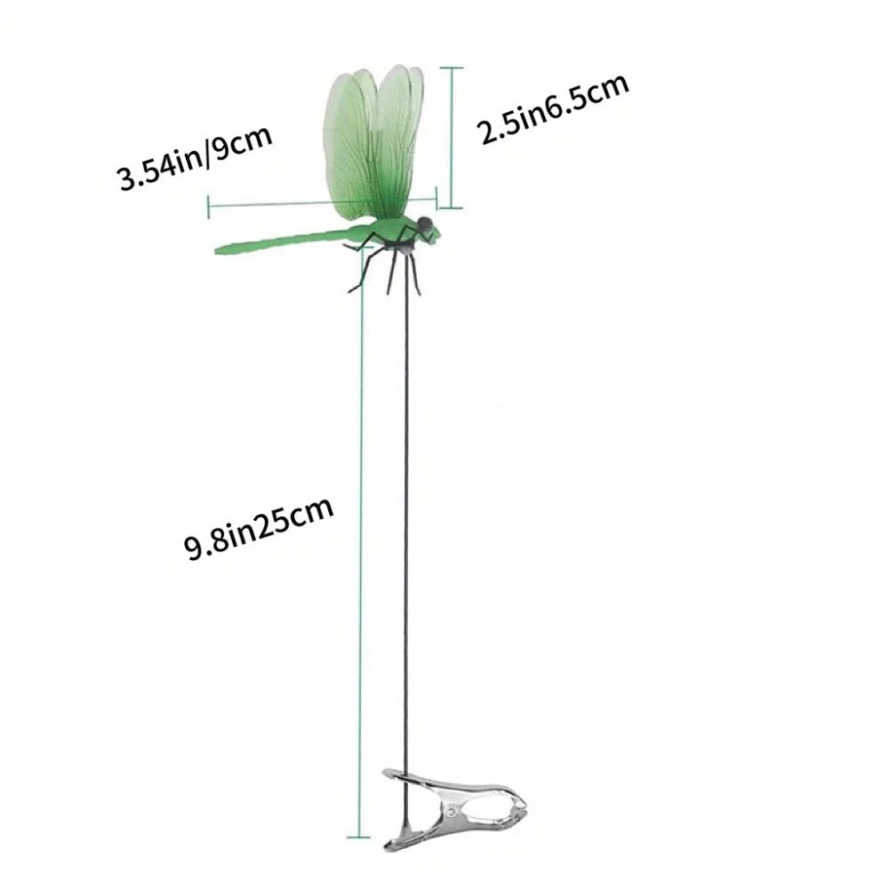 A set of realistic dragonfly hat clips used for garden decor, showing various sizes and dimensions.