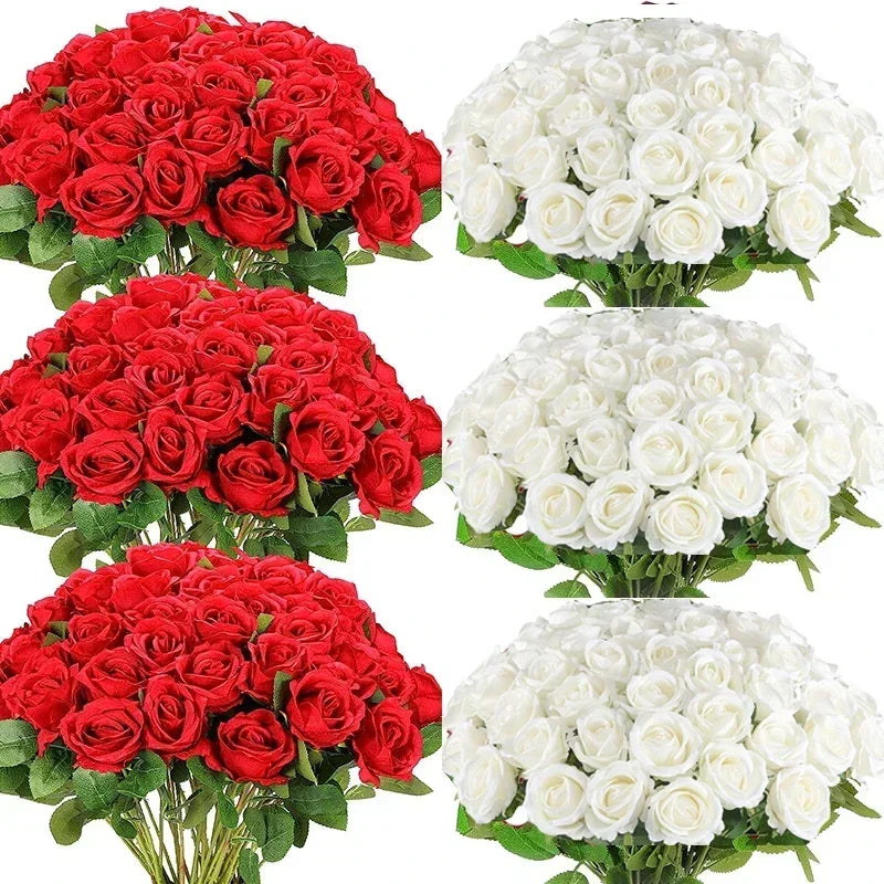 A collection of red and white artificial rose bouquets, featuring dense clusters of roses for weddings and home décor.