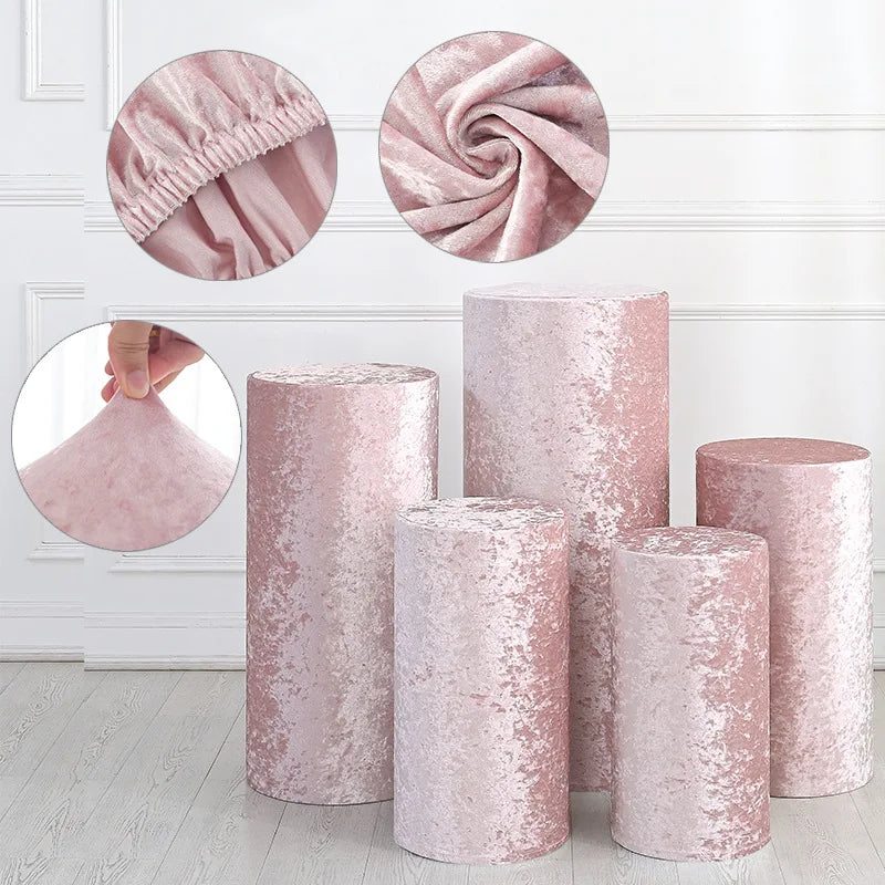Pink velvet cylinder stand covers in various shades and textures for events