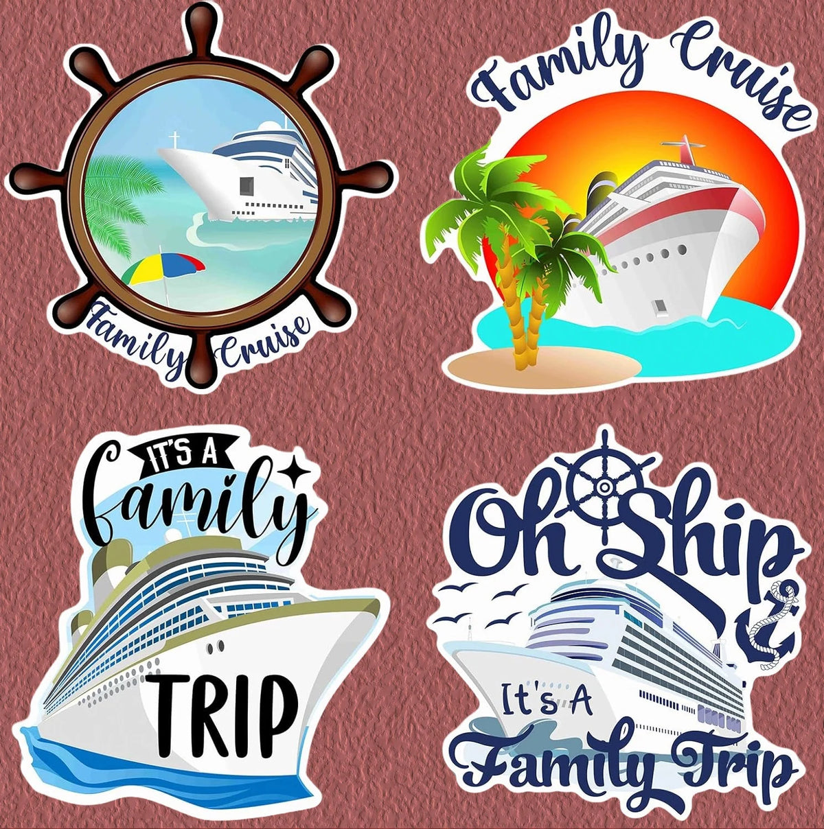 Set of four magnetic cruise door decorations featuring a white cruise ship and tropical elements for family trips