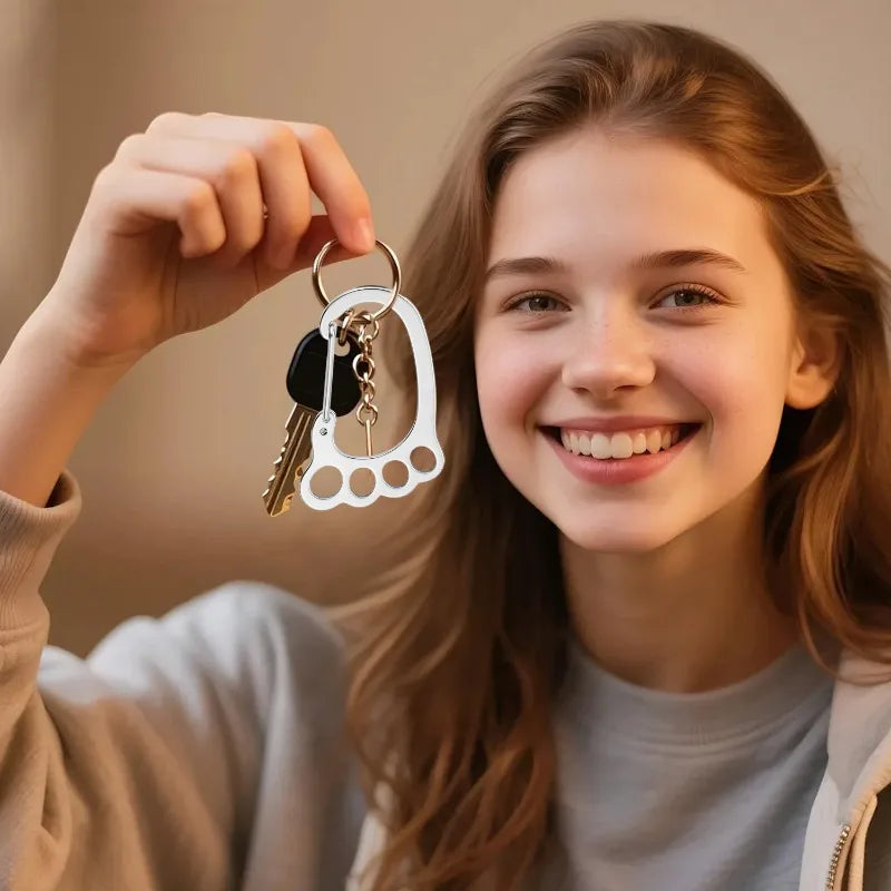 A smiling girl holds up a stainless steel keychain with multiple loops and keys.