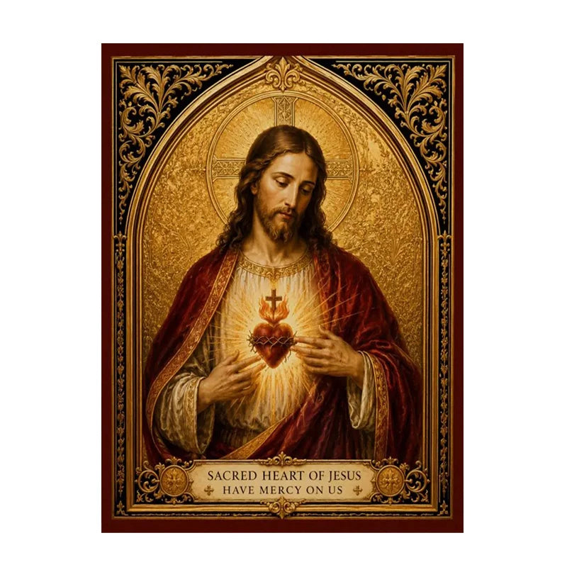 A religious painting depicting the Sacred Heart of Jesus with a flaming heart, set in an ornate gold frame.