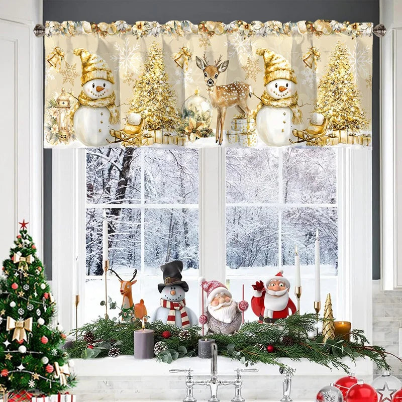 Festive Christmas valance curtains featuring snowmen, reindeer, and Christmas trees decorating a window.