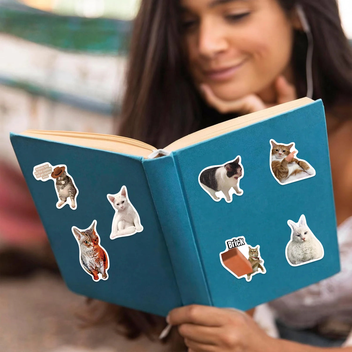 A teal notebook open to show various cat vinyl decals featuring different cats and a brick design.