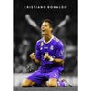 A black and white portrait of Cristiano Ronaldo in a purple soccer uniform celebrating on the field.