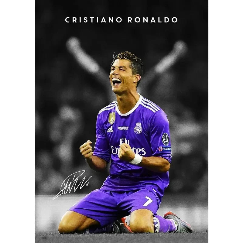 A black and white portrait of Cristiano Ronaldo in a purple soccer uniform celebrating on the field.