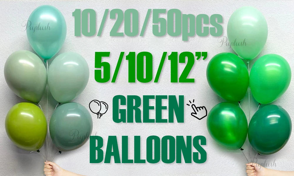 A collection of green latex balloons in various sizes, including 5, 10, and 12 inches, for party decor.