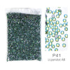 Bag of green iridescent glass rhinestones labeled OLeeya, with loose stones shown next to the product name P41 Lt.peridot AB