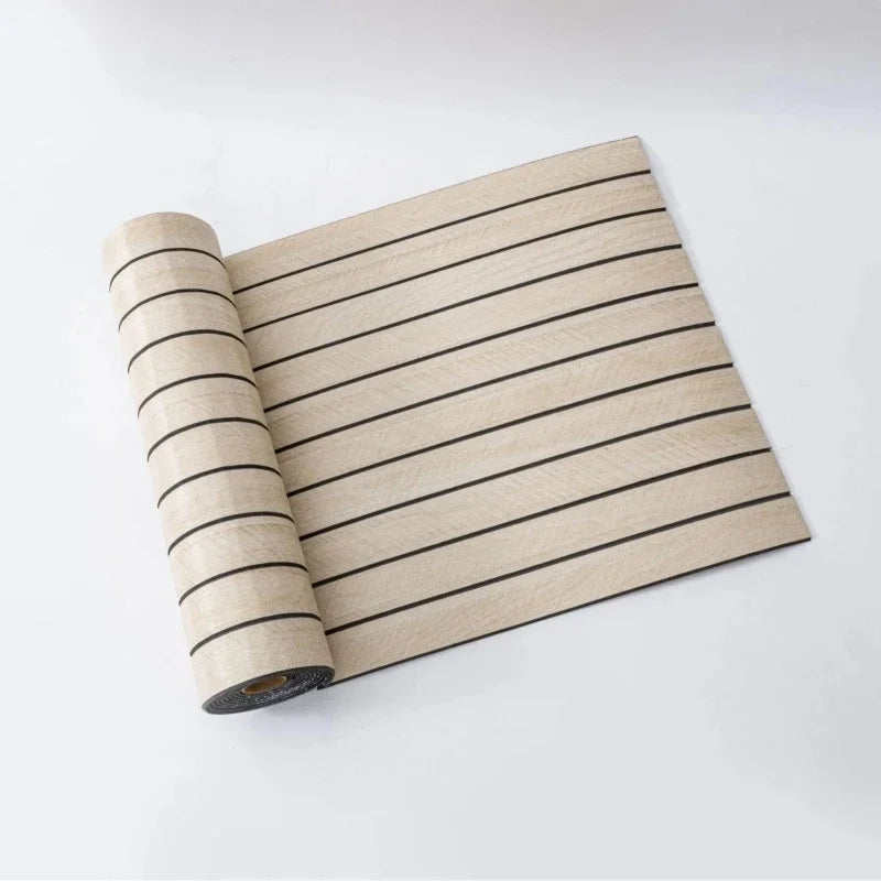 A roll of 3D wood grain self-adhesive wallpaper featuring horizontal light brown stripes.