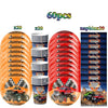 A set of 60 party decorations featuring monster trucks, tableware, and a backdrop for a birthday party.