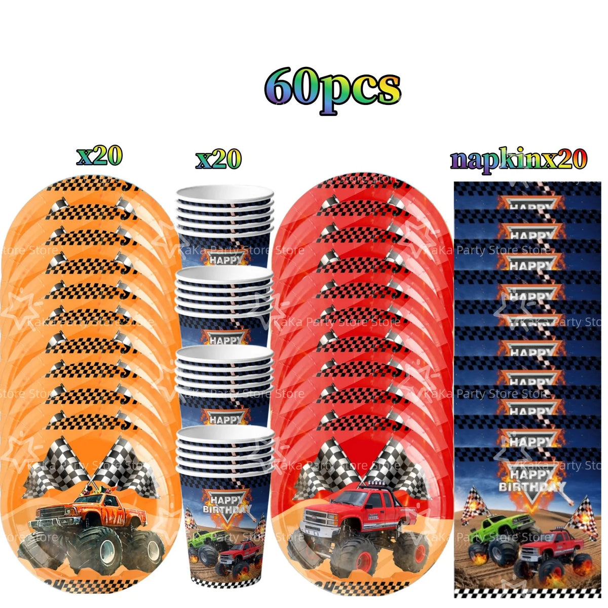 A set of 60 party decorations featuring monster trucks, tableware, and a backdrop for a birthday party.