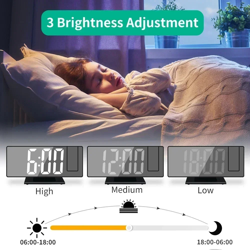 Digital projection alarm clock showing brightness adjustment levels High Medium Low with time and light cycle settings