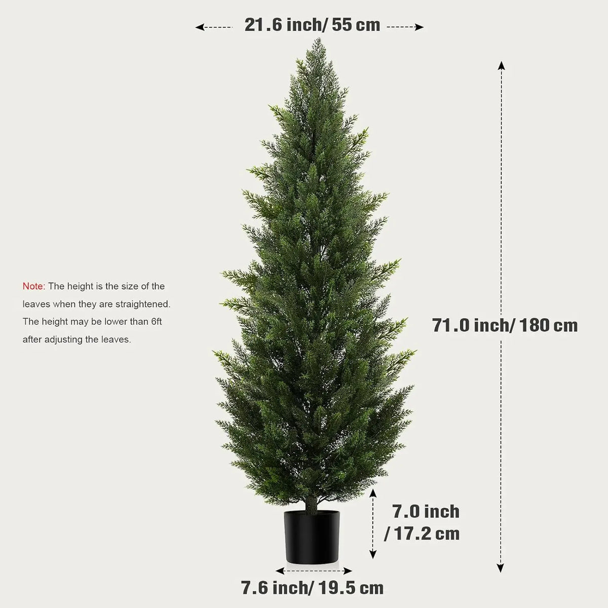A tall artificial cedar topiary tree shown in a full view with dimensions provided.