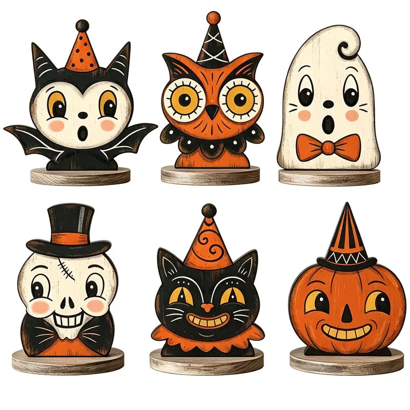 A set of five wooden block Halloween decor figures including an owl, a cat, a skull, and a pumpkin face.