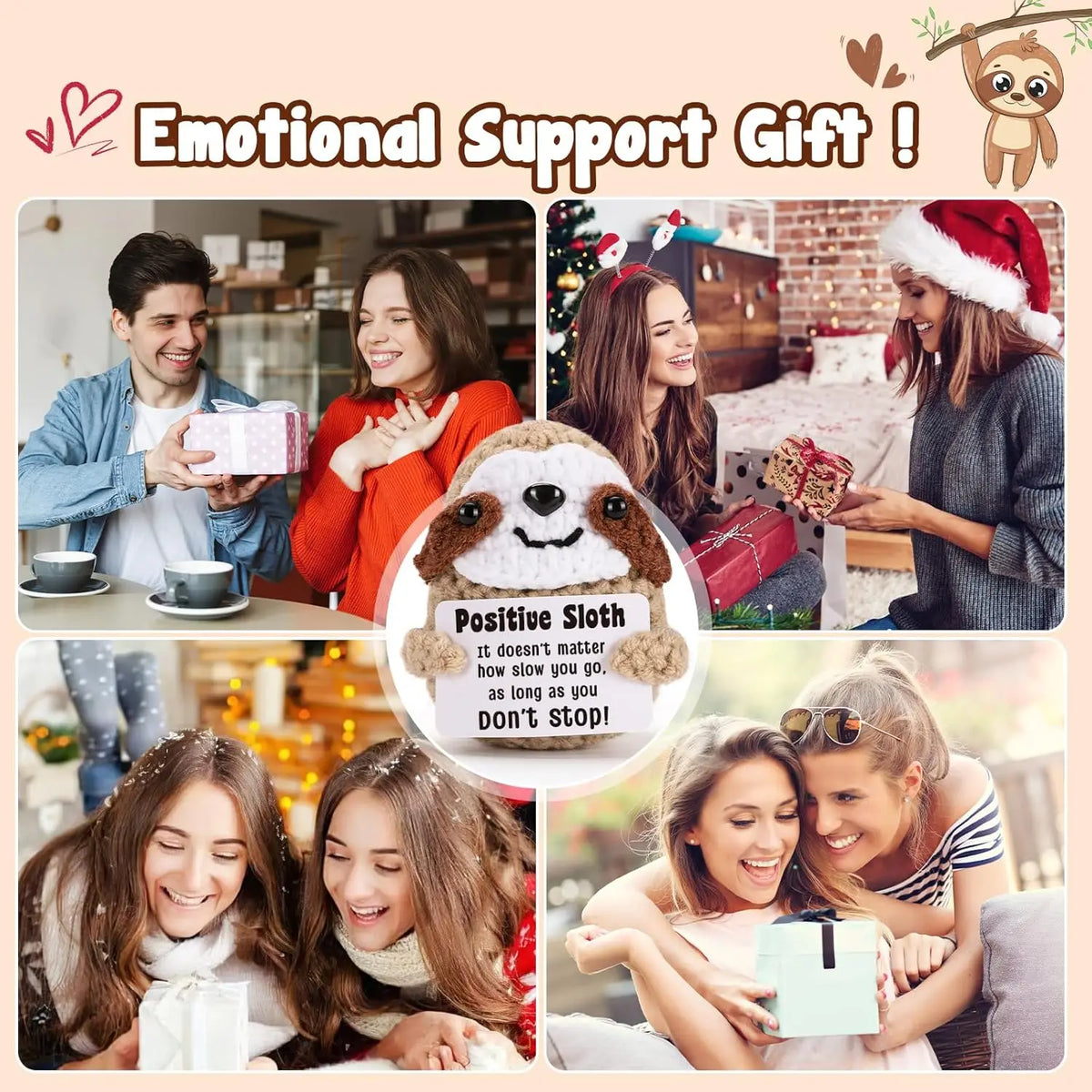 A gift set featuring a handmade crochet sloth doll and a positive message card presented in various contexts.