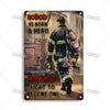 Vintage metal sign featuring a firefighter with gear and text about becoming an artisan hero