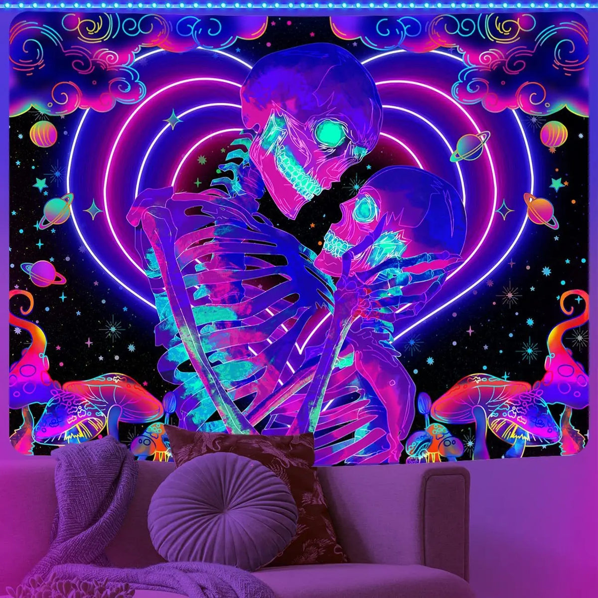 A vibrant tapestry featuring glowing purple and neon pink alien skulls and skeletal structures against a dark, starry backgro