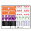 A pack of waterproof customizable name tags in various colors and shapes.