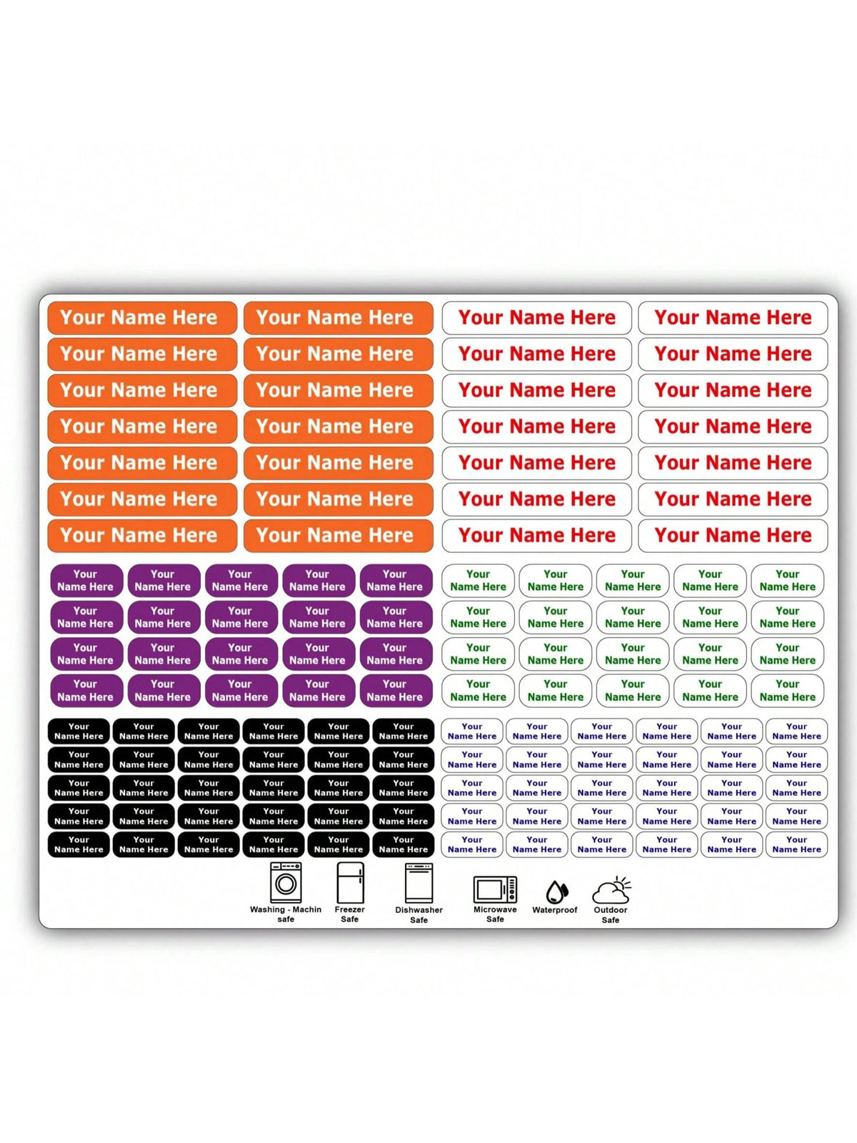 A pack of waterproof customizable name tags in various colors and shapes.