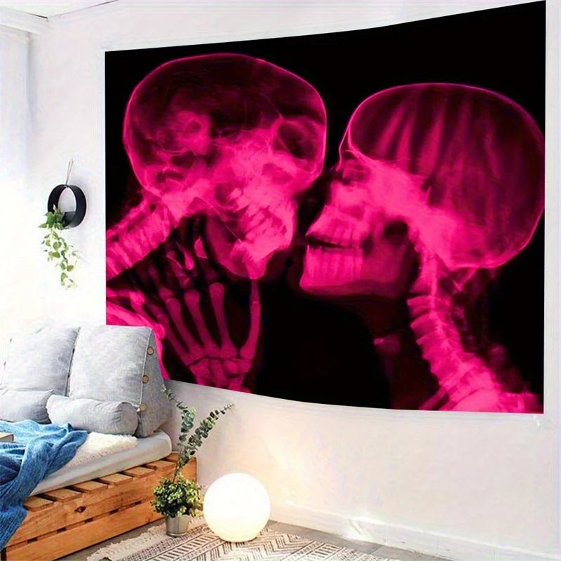 A dark romantic wall art tapestry featuring pink X-ray images of two skulls.
